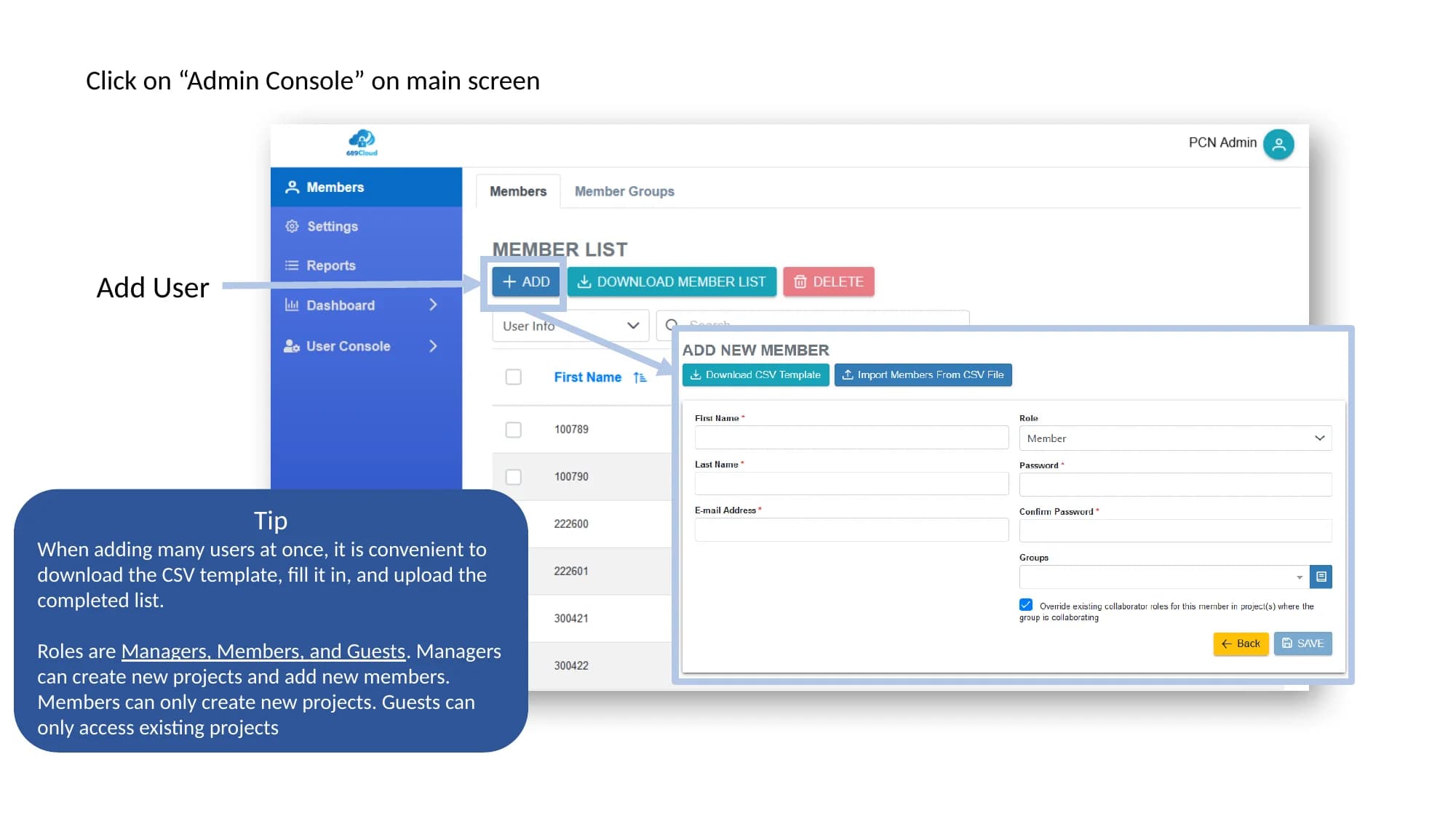SecureDrive QuickStart slide showing how to register users and assign Manager, Member, and Guest roles.