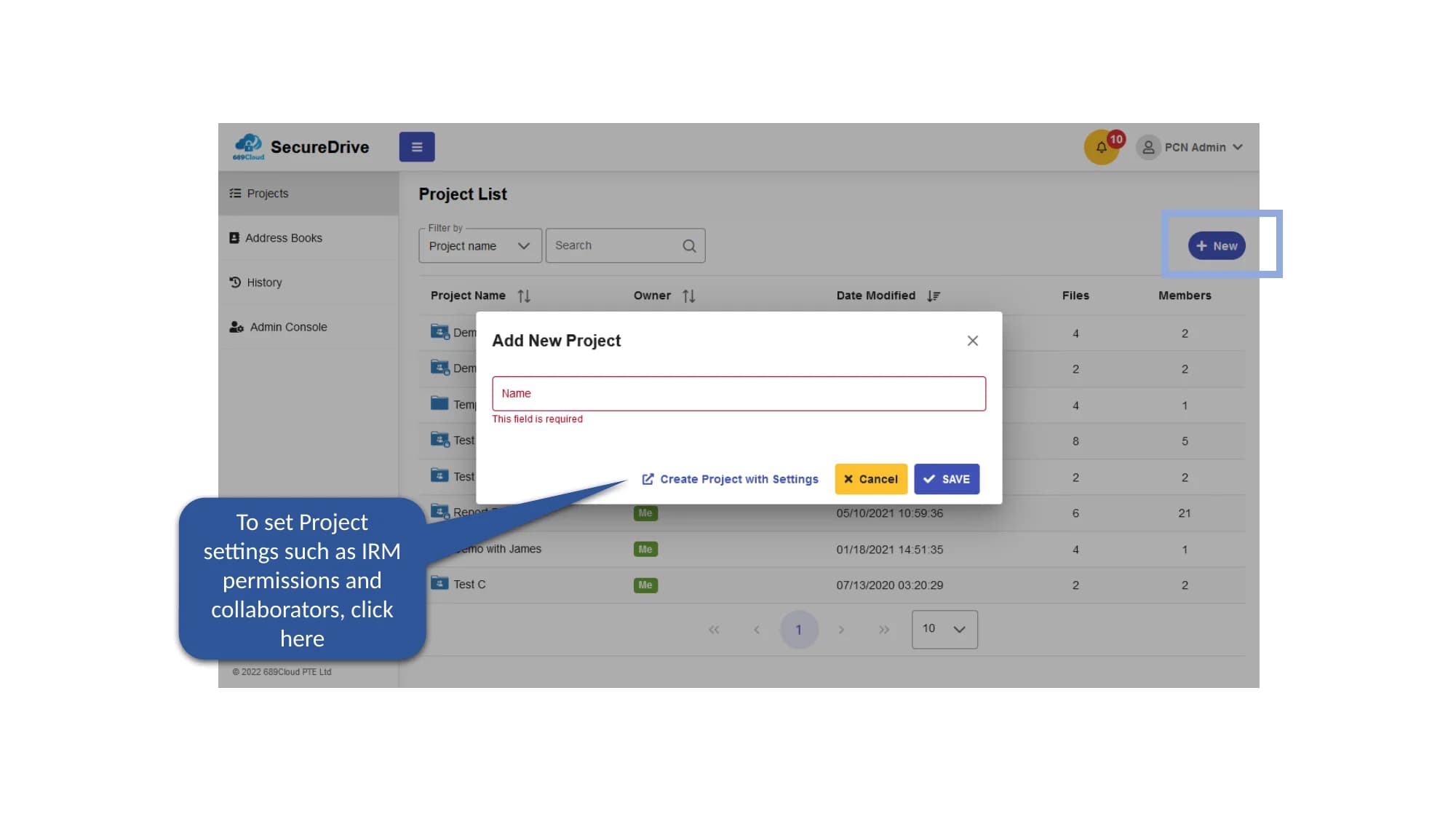 SecureDrive QuickStart slide showing how to create a new project.