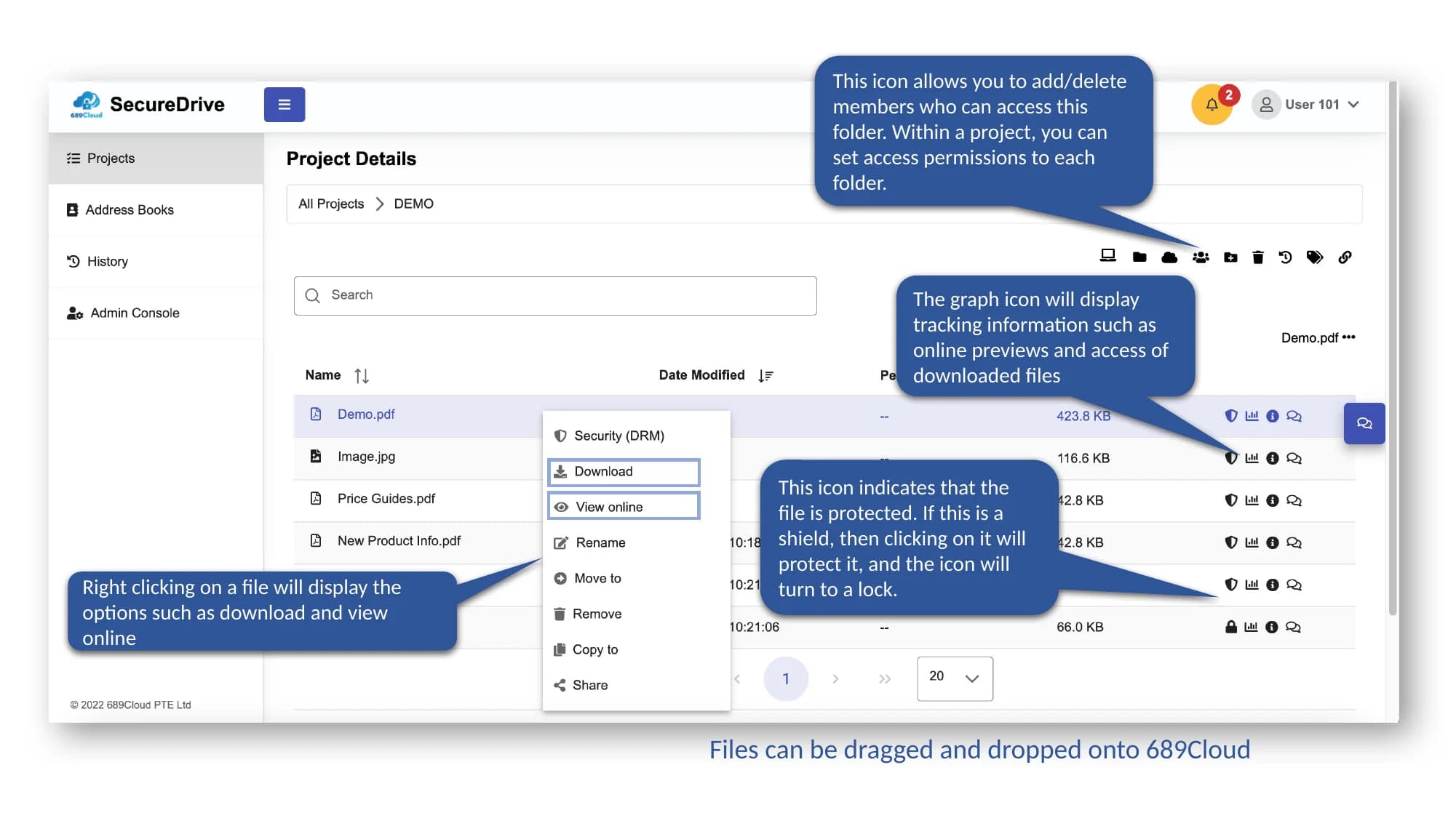 SecureDrive QuickStart slide showing files and folders, protected-file icons, tracking icon, and folder permissions.