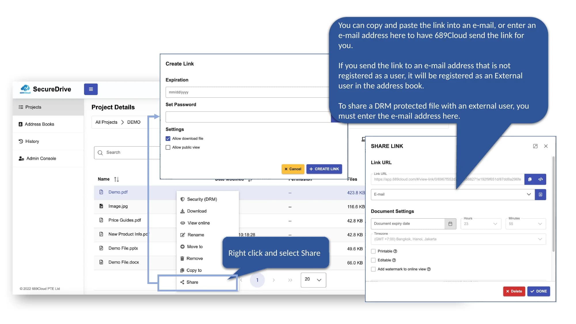 SecureDrive QuickStart slide showing how to share files externally using links.