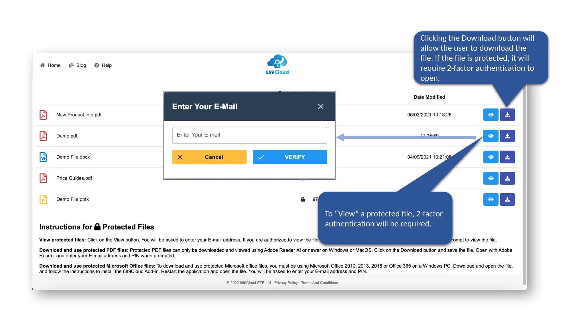 SecureDrive QuickStart slide showing the link download page and 2-factor authentication for protected files.