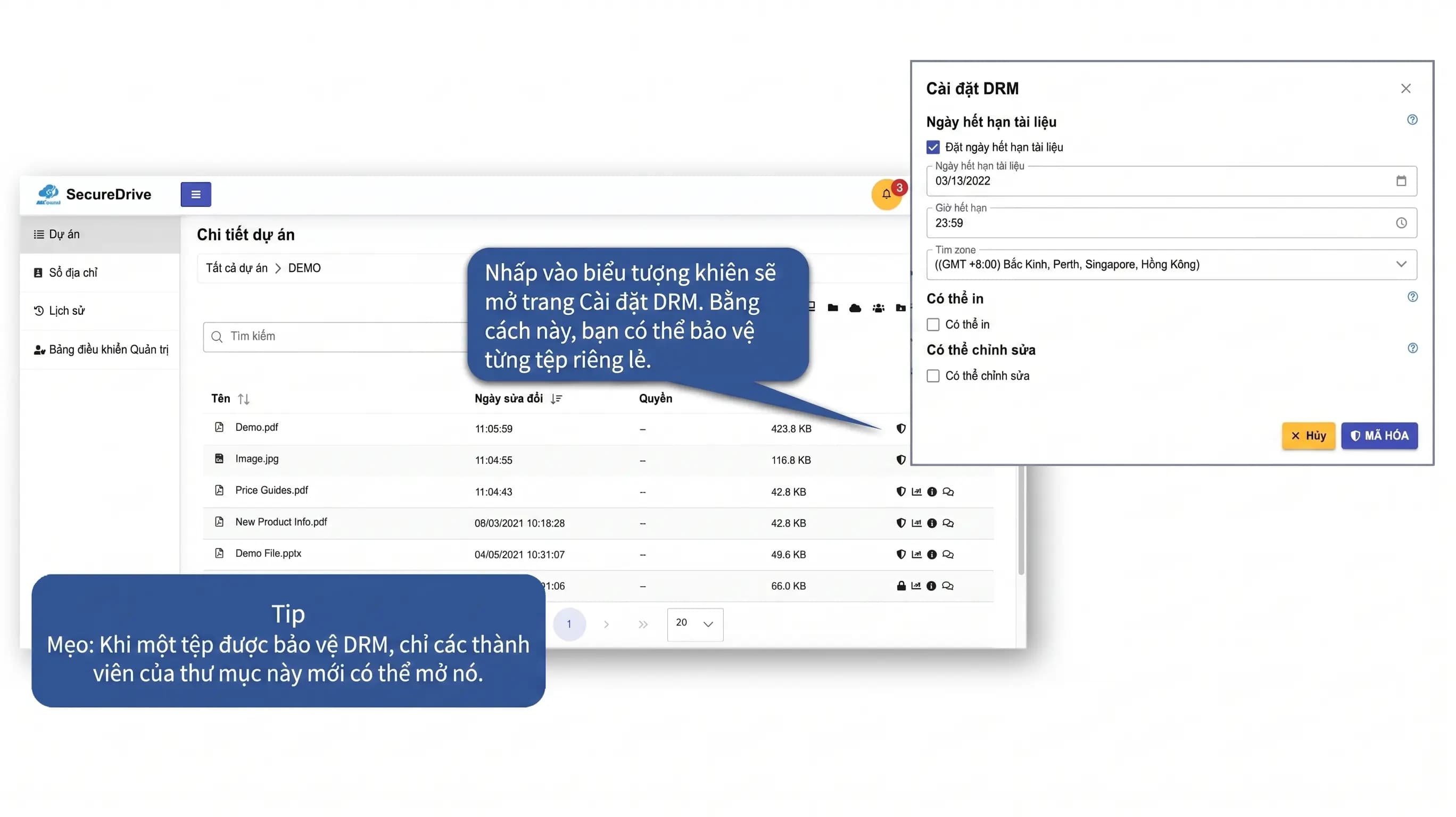 Slide QuickStart SecureDrive hiển thị cách bảo vệ file với DRM bằng biểu tượng khiên và cài đặt DRM.