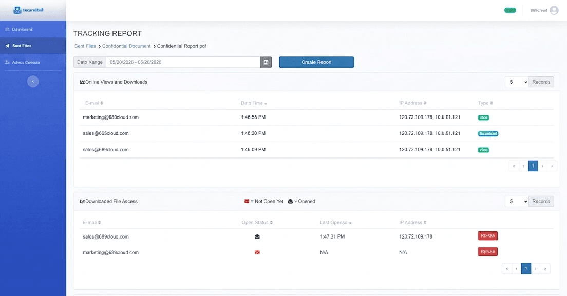 SecureMail dashboard showing online views, downloads, and access management.