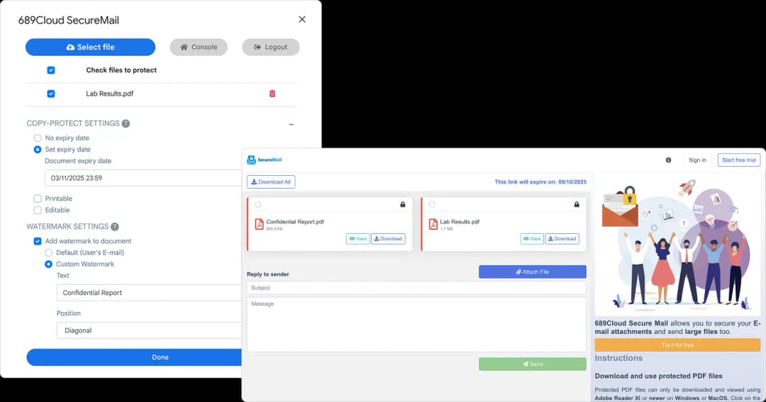 SecureMail user interface showing copy-protect settings, expiry settings, watermark settings, protected files, and secure message composition.